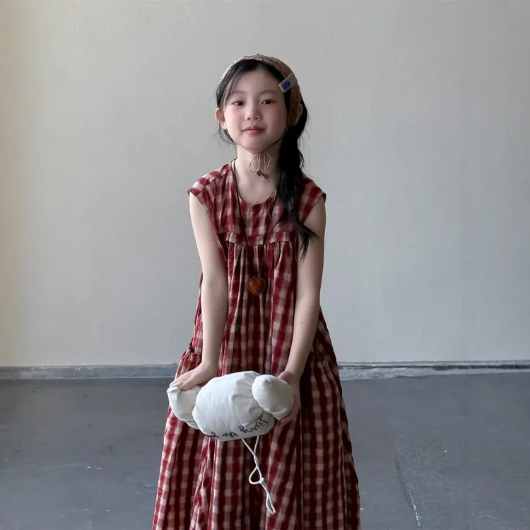 女童格子连衣裙2025夏季新款韩版儿童女孩棉布裙子洋气中长款长裙