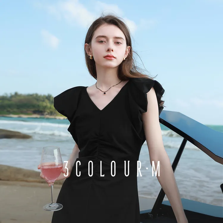 三彩2025夏季新款法式小黑裙飞飞袖修身连衣裙气质长裙高级感女M