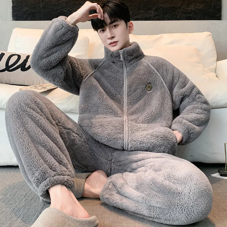【时尚休闲】暖绒保暖可外穿大码宽松法兰绒睡衣男士雪花绒家居服冬