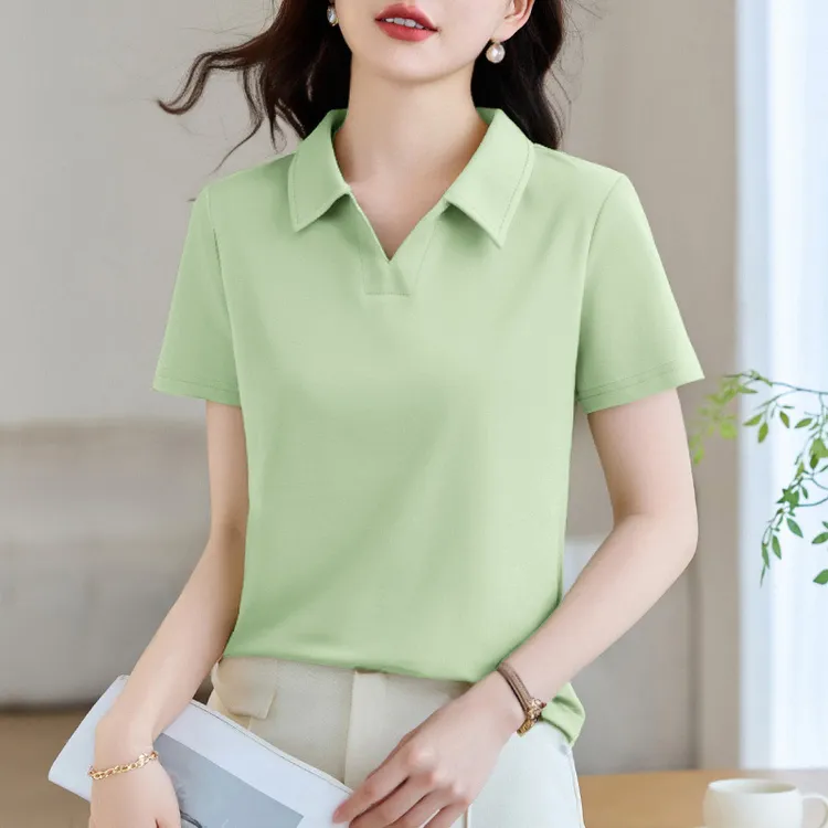 polo领短袖t恤女夏季2025新款爆款正肩纯色半袖洋气减龄显瘦上衣