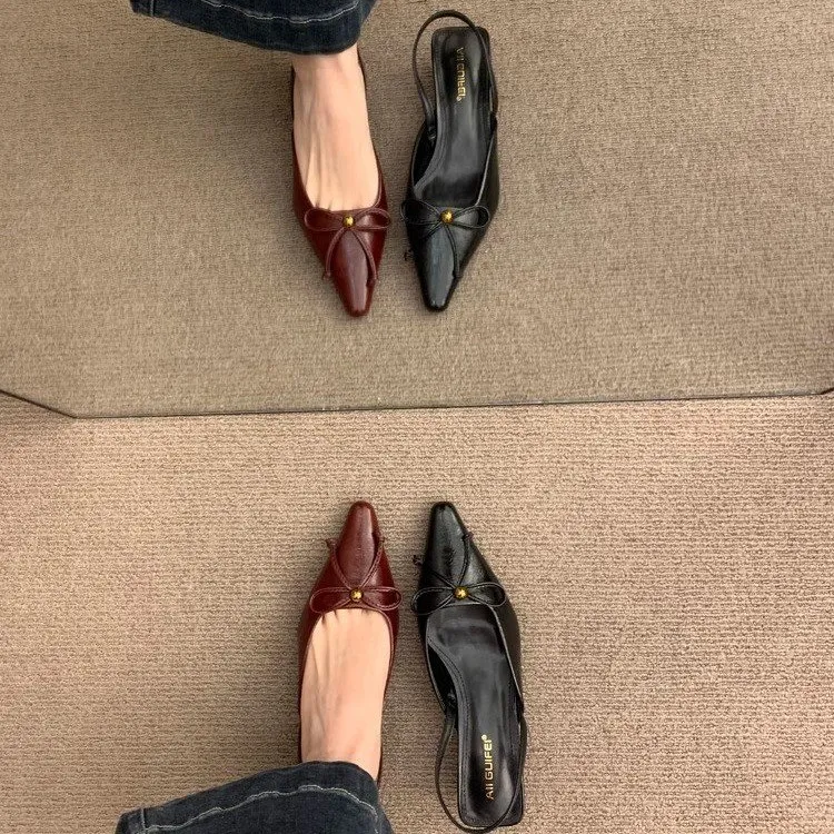 高跟蝴蝶结包头凉鞋时装凉鞋法式尖头春夏低跟鞋舒适百搭新款女鞋