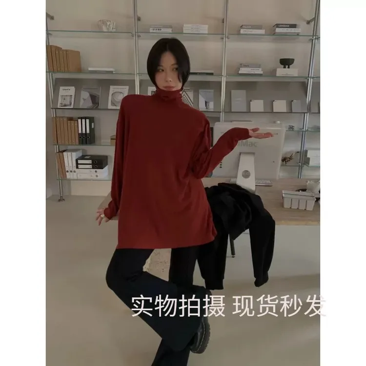 长款少女风长袖INS风螺纹常规T恤纯色秋冬百搭时尚