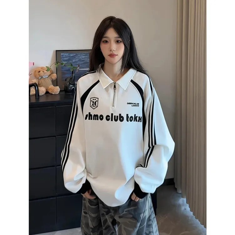 黑白拼接半拉链polo衫卫衣男女秋季美式长袖t恤翻领情侣正肩外套