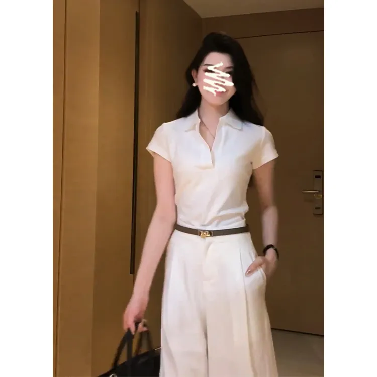 2025夏季新款女韩系穿搭翻领短袖衬衫上衣气质高腰显瘦阔腿长裤