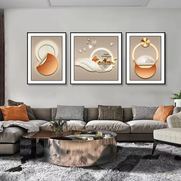 现代简约原木奶油新中式沙发背景画那帕皮精雕肌理画高级感