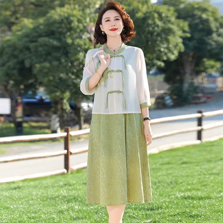 新款中式妈妈夏装国风连衣裙套装中年女士气质盘扣雪纺上衣两件套