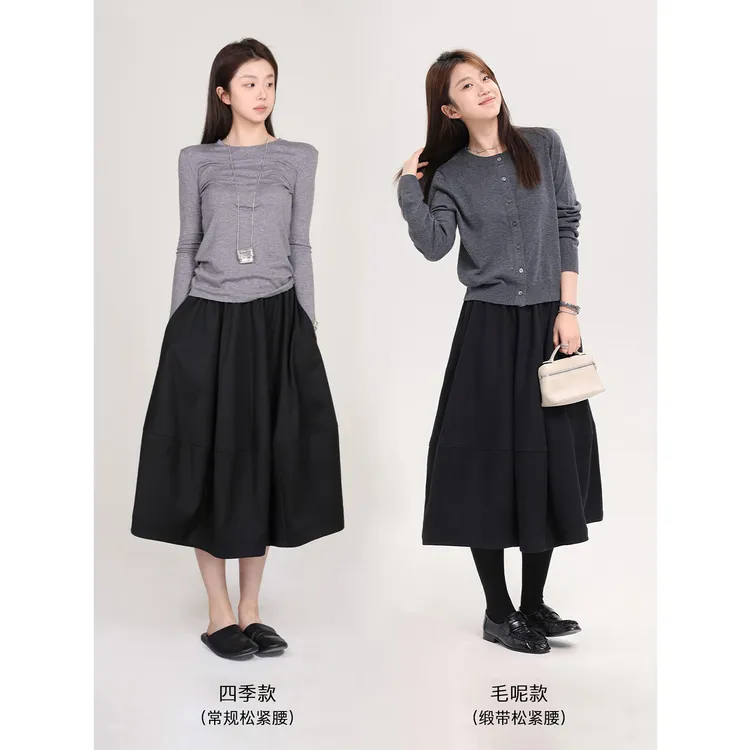 Multi Math泡泡裙/四季可穿黑色显瘦减龄遮肉通勤高级花苞半身裙