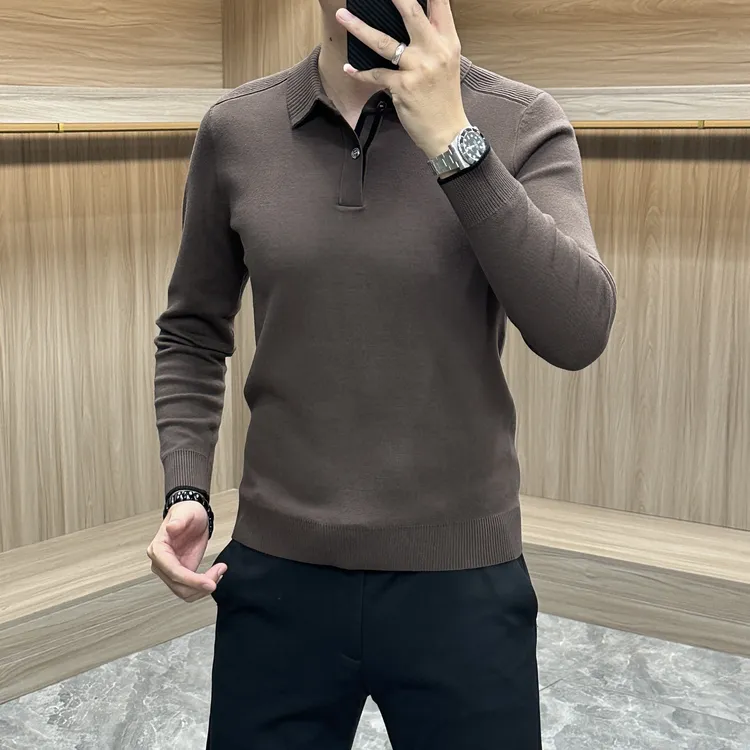 2025冬季男士打底衫商务休闲毛衣长袖撞色提花翻领针织针织衫保暖