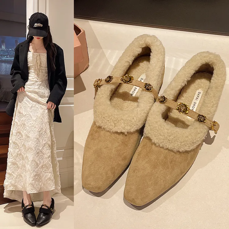 小香风内增高加绒夹头玛丽珍鞋女秋冬厚底毛毛豆豆鞋乐福瓢鞋