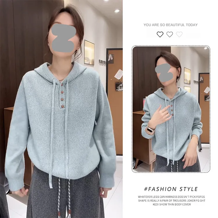 连帽韩系针织毛衣女2025秋冬新款单排扣宽松内搭软糯套头漂亮上衣