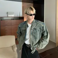 复古小众复古水洗做旧垫肩牛仔外套金属无领夹克春秋季男女