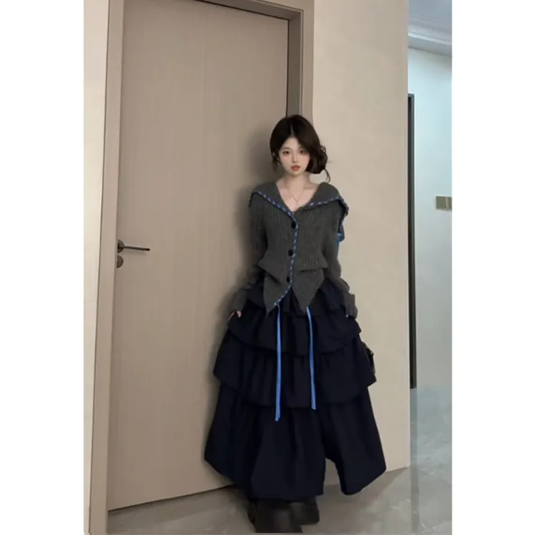 韩里韩气穿搭一字领长袖针织毛衣女秋季开叉蛋糕裙套装