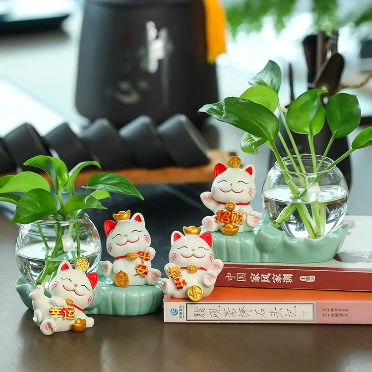 卡通招财猫家居办公桌装饰品摆件茶桌水培器皿植物花瓶插花小摆设