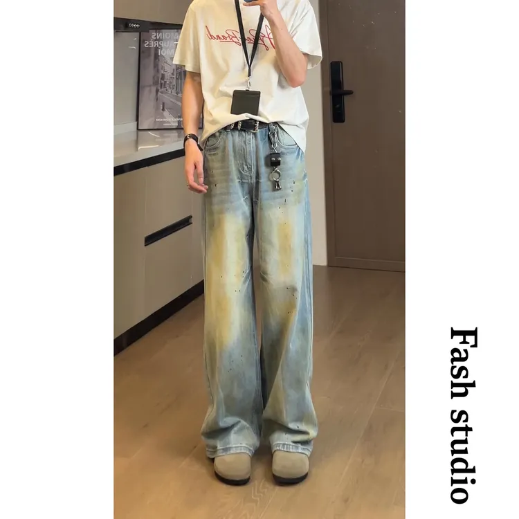 美式复古脏染水洗做旧直筒牛仔裤男女高街宽松小众阔腿休闲裤潮