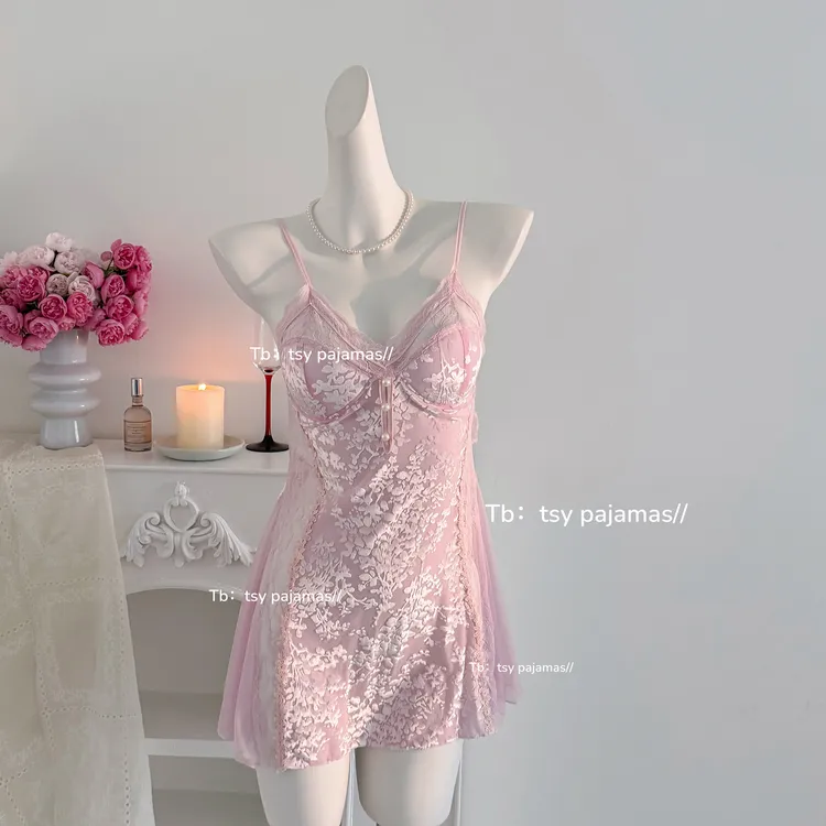 2025爆款睡衣女夏季性感网纱纯欲吊带睡裙带胸垫春秋季家居服套装