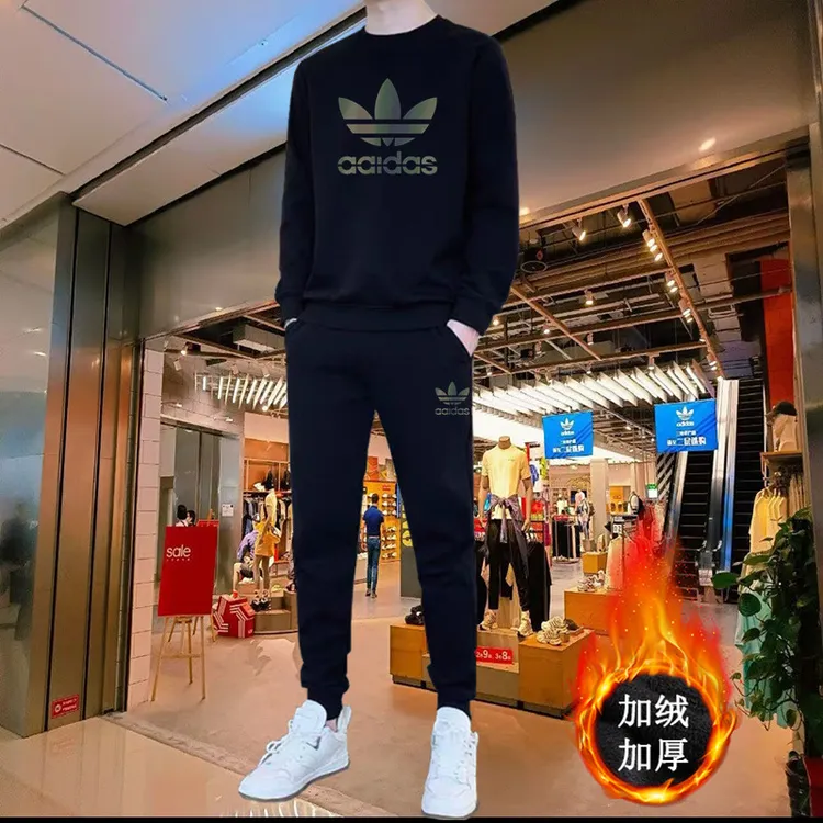 奥莱正品丨秋冬男士加绒休闲运动套装情侣圆领卫衣卫裤加厚两件套