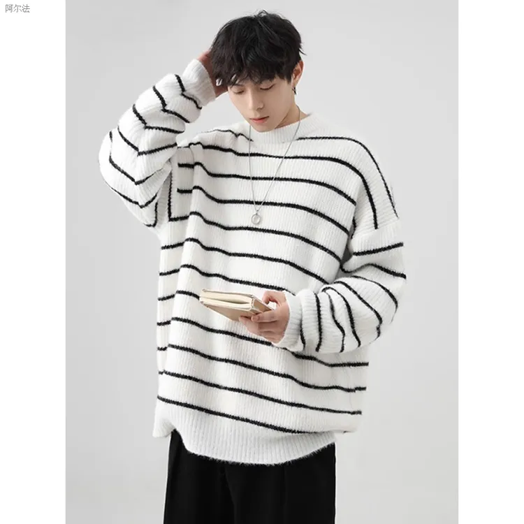 休闲宽松条纹圆领秋冬男士时尚潮流慵懒风毛衣针织衫男年秋季