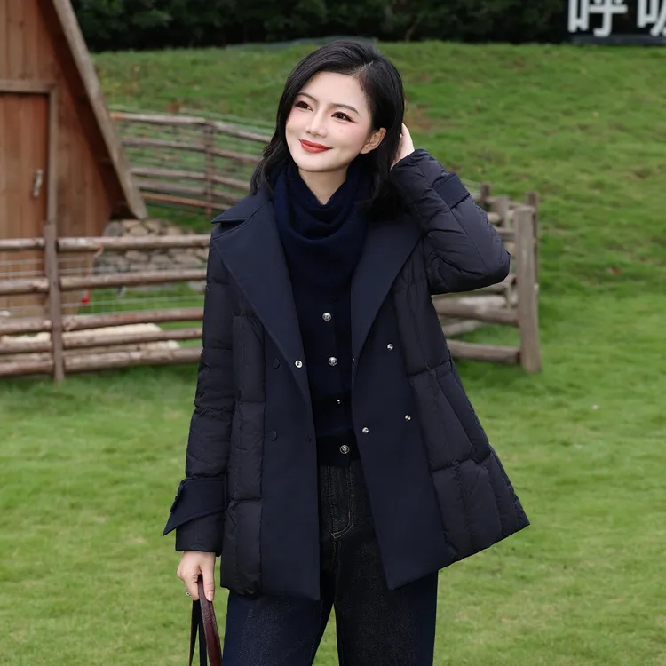 枫竺阿楠anan90白鹅绒西装领系带收腰显瘦中长款鹅绒服女秋冬外套