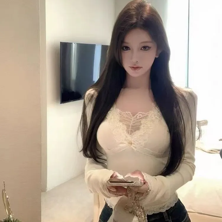 秋冬新款德绒纯欲风辣妹蕾丝拼接短款T恤女长袖通勤绝美ins长袖辉