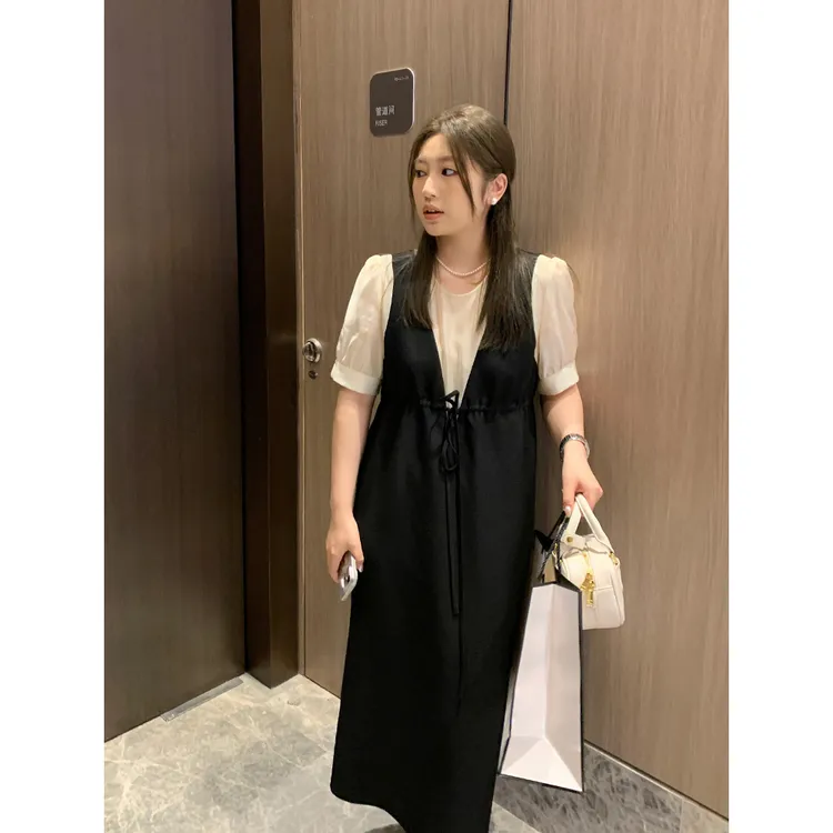 2025夏装新款休闲假两件拼接显瘦裙子胖mm气质减龄遮肉百搭连衣裙