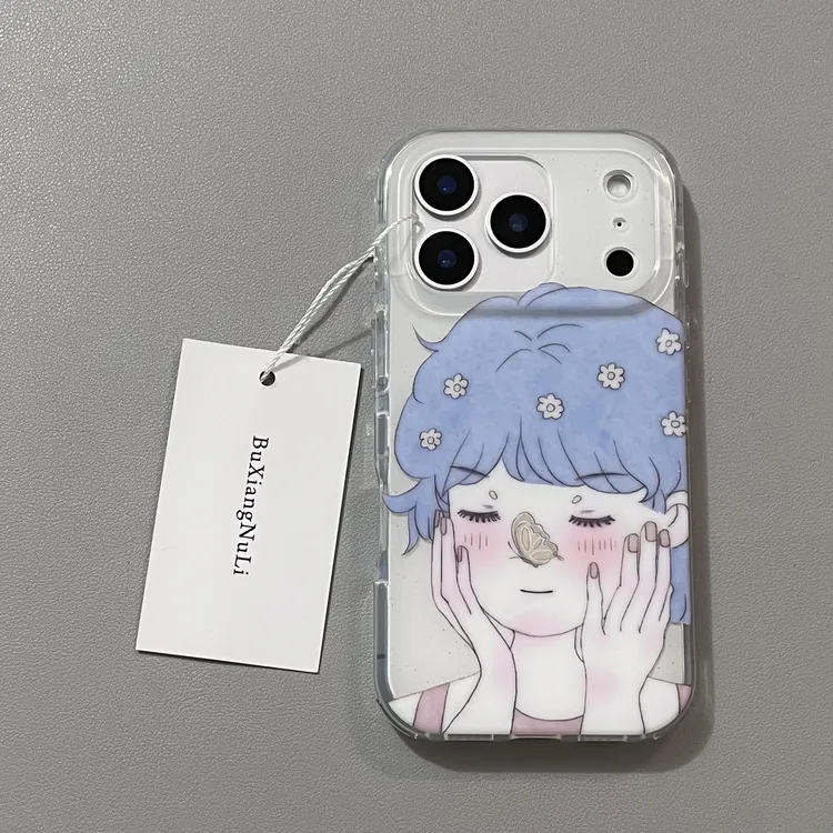 白底泼墨绘画花朵蓝发女孩适用苹果17pro手机壳iPhone16全包15/14