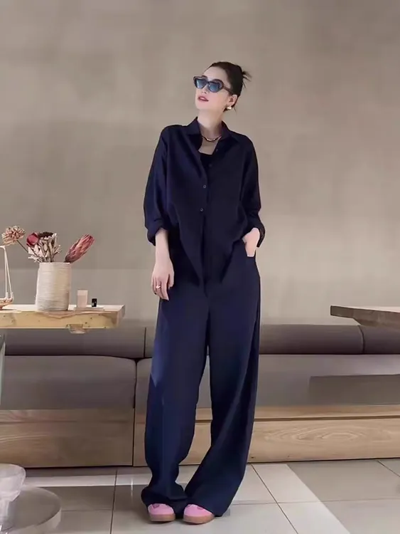 老钱风时尚套装女藏蓝色慵懒宽松衬衫+阔腿裤显瘦减龄两件套
