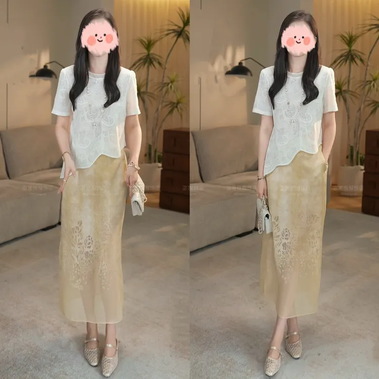 2025夏季新款温婉大方风新中式刺绣浮雕上衣渐变显瘦精致半裙套装