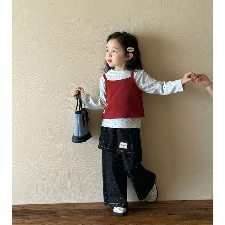2025韩版春季新款女童洋气圆点打底衫屁帘牛仔裤红背心三件套装