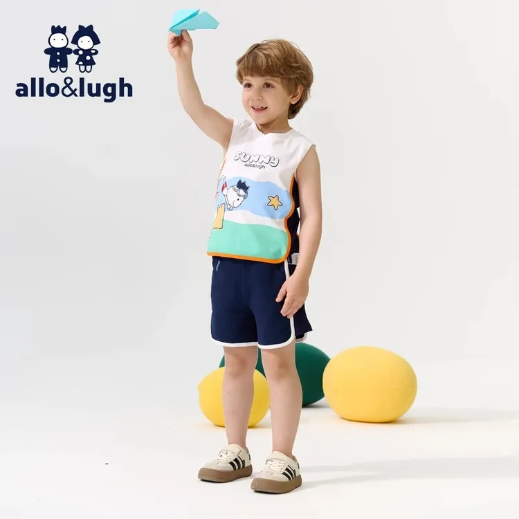 阿路和如男童25年夏季新款休闲运动无袖套装上下装撞色拼接无束缚