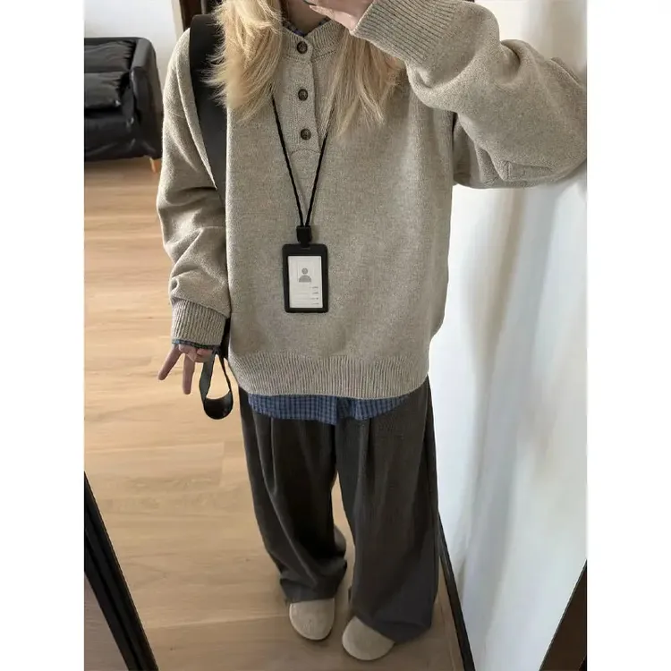 浅灰色老钱风毛衣男款秋冬慵懒风亨利领针织衫美式复古正肩毛线衣