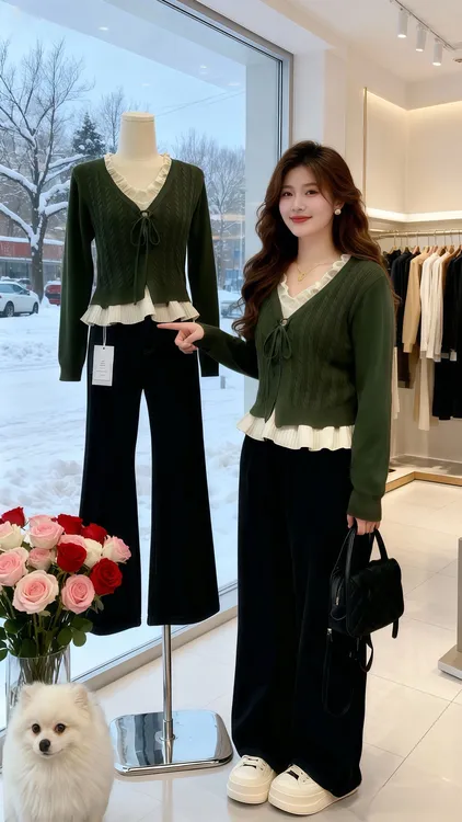 【现货】秋冬季新款时尚女韩系时尚v领假两件针织衫气质长袖上衣