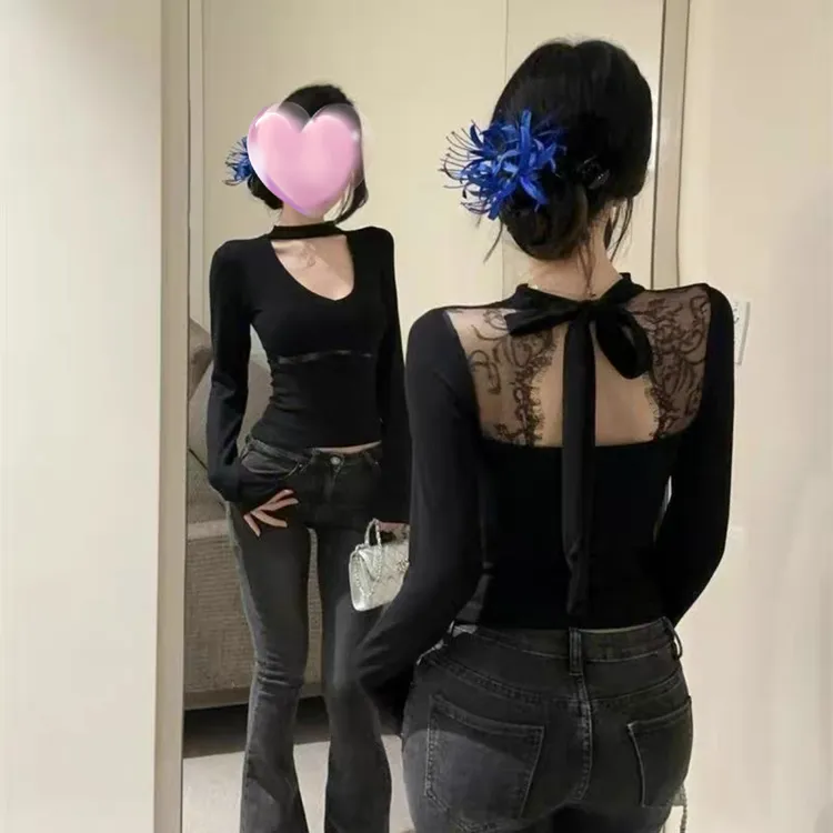大码新款港味蕾丝露背长袖上衣女设计感修身显瘦纯欲风打底衫892