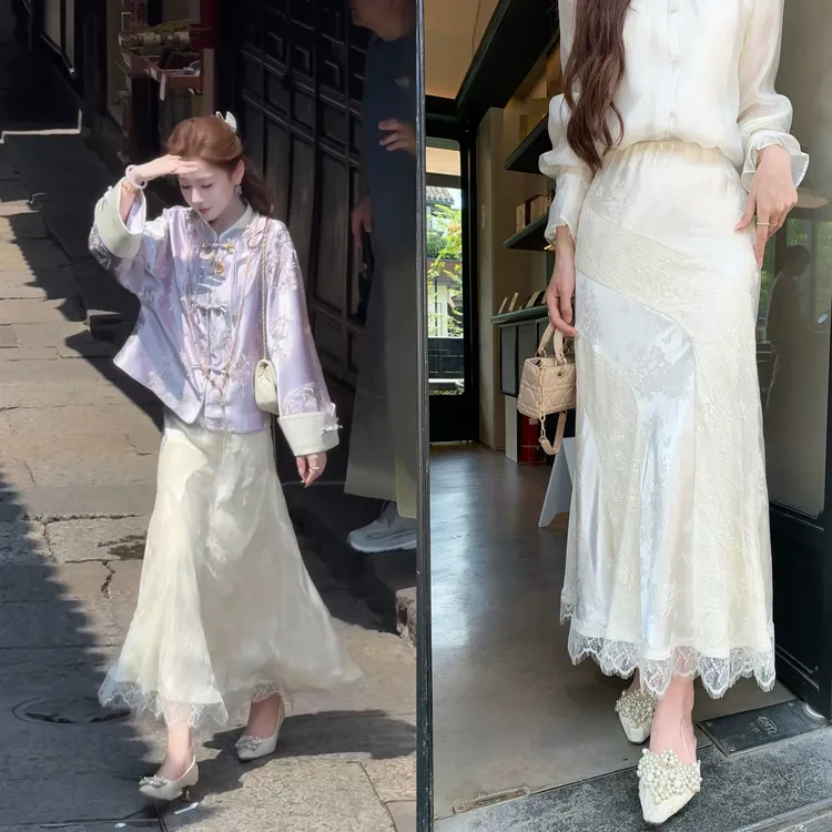 【婷婷】《袅袅江南》68人丝32天丝麻鱼尾缎面蕾丝裙 TT2SQTM2206
