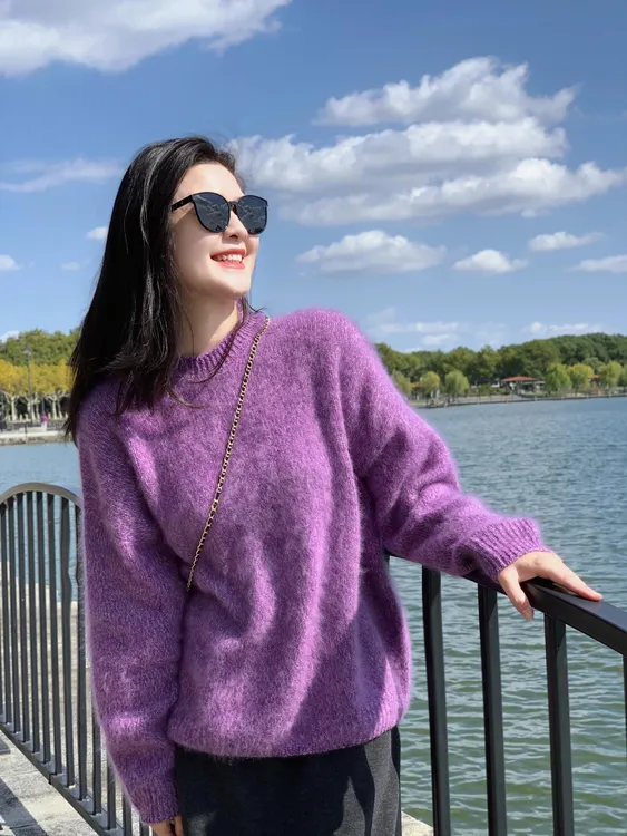 【紫色芳华】纯色套头毛衣上衣减龄显瘦黑灰色半身裙两件套装