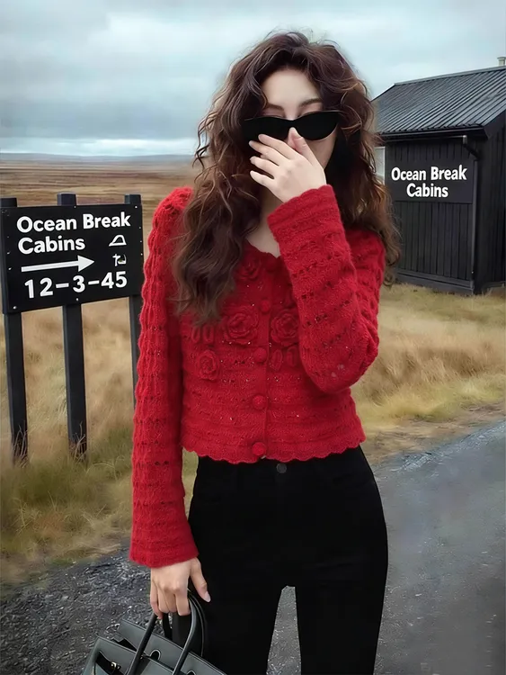 圣诞跨年红色立体花朵V领针织开衫女秋冬显瘦百搭毛衣高级感上衣