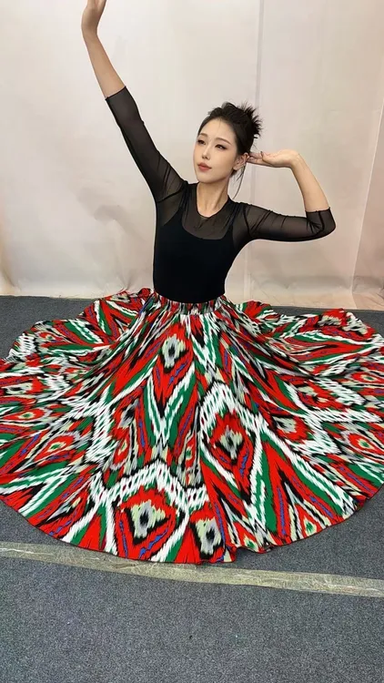 新品新疆民族风艾德莱斯花纹大摆裙舞蹈裙广场舞裙新疆民族风女装