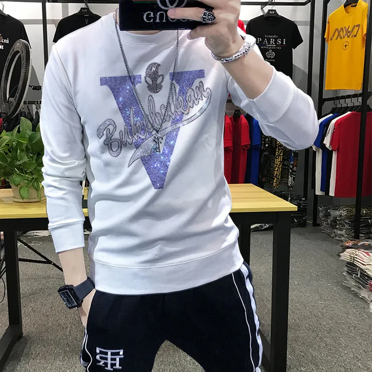 DASELUENA/达司勒娜秋季烫钻卫衣男潮流男士青年打底衫修身套头