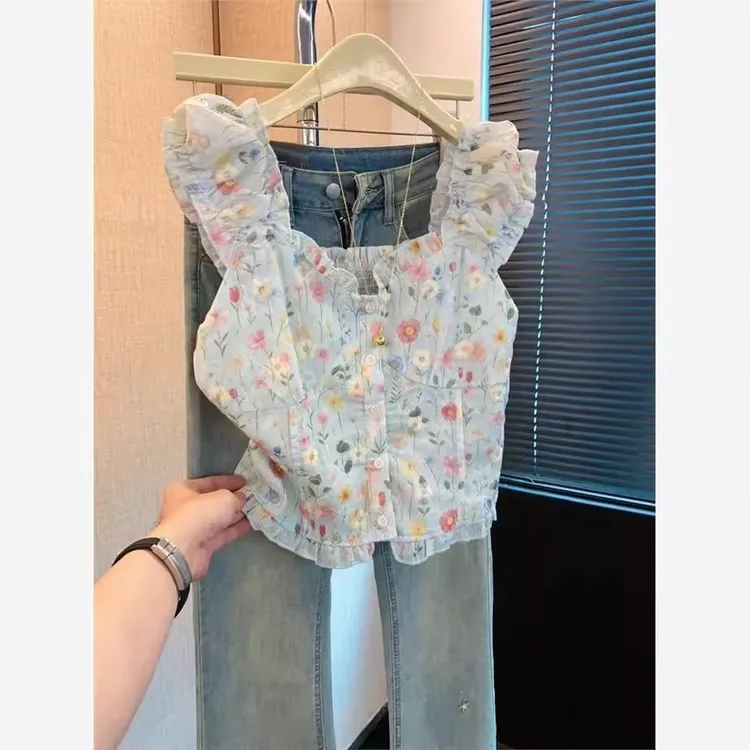 运补~小清新碎花蕾丝蓝色吊带背心女夏多巴胺木耳边甜辣小飞袖上