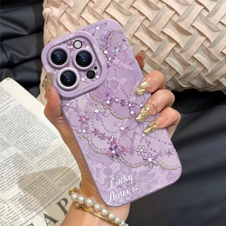 蕾丝珍珠花纹适用苹果16手机壳16e新款iphone15promax高级14p好看