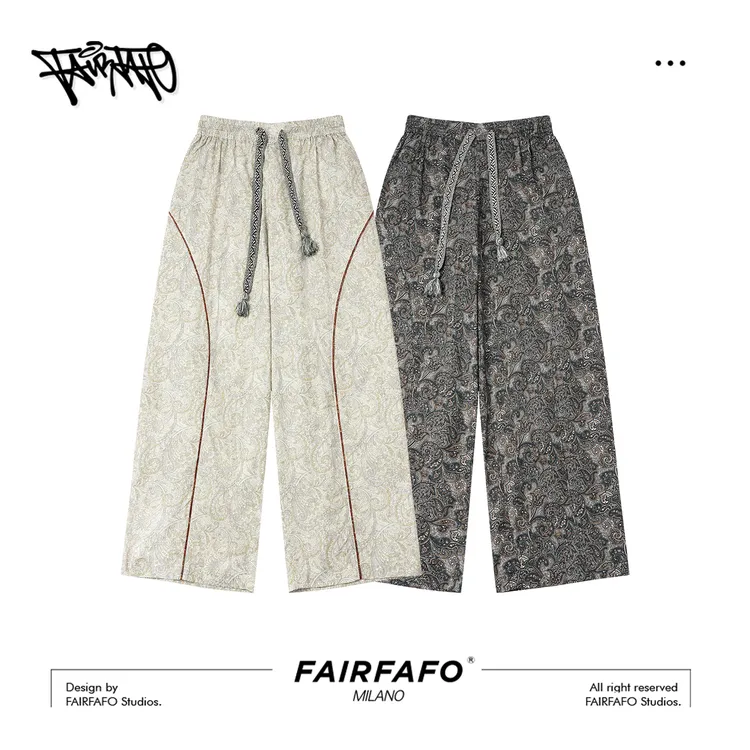 【拼接装饰休闲阔腿裤】KZBL57003早秋新款花纹宽松休闲百搭阔腿裤