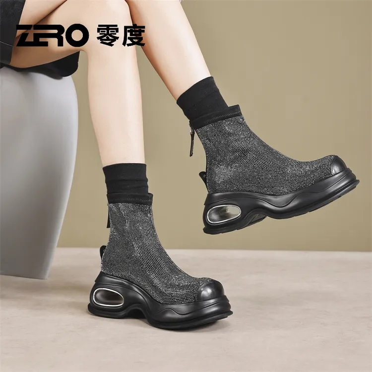 零度ZRO短靴2025秋季胶粘弹力靴女靴秋冬黑色中筒女靴瘦瘦靴袜靴