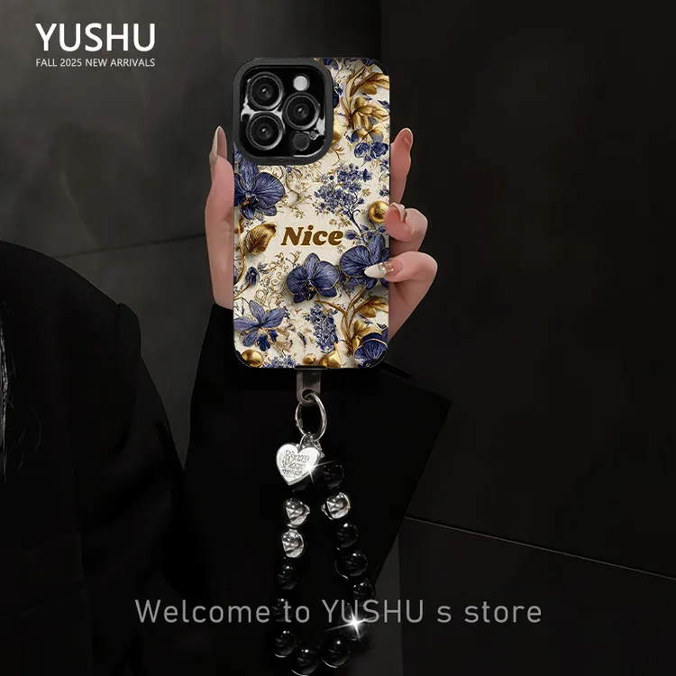 金珠蓝鸢尾手机壳适用于苹果16/vivo/华为/oppo瞳眼羊皮网红女