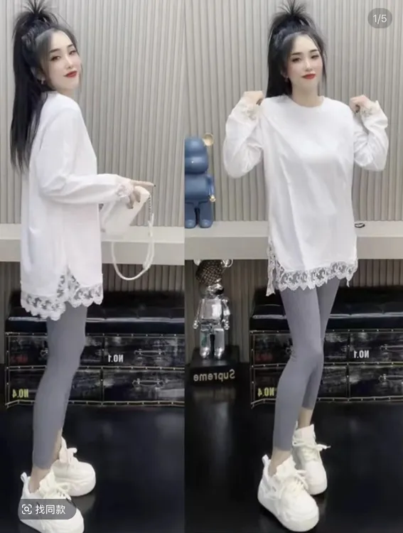 秋冬新大版型白T恤2025韩版极简风蕾丝拼接打底衫加绒宽松显瘦女