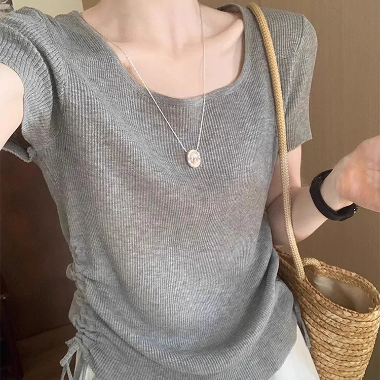 韩系方领针织短袖t恤女2025夏季新款抽绳恤衫修身显瘦正肩上衣潮