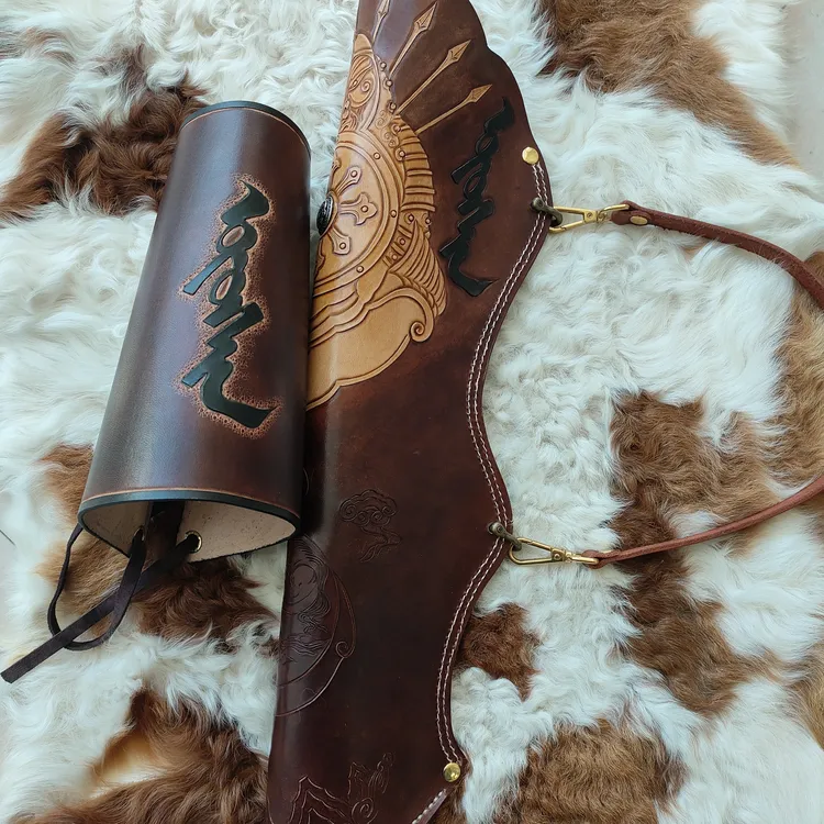 蒙古族弓箭包真皮雕刻手工制作牛皮民族风纯手工重工雕花