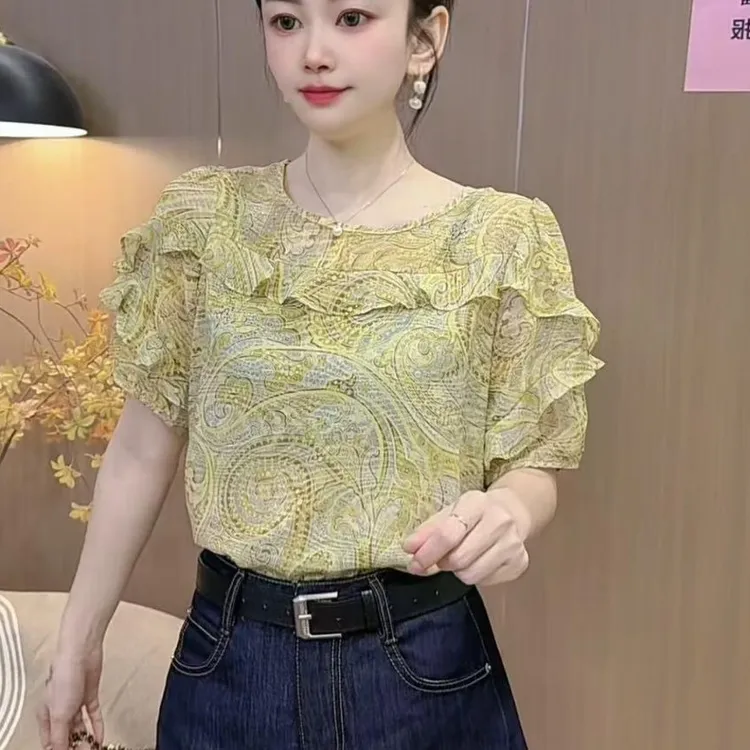 【25830】新品夏季洋气减龄显瘦印花衬衫（黄色实物偏亮更好看）