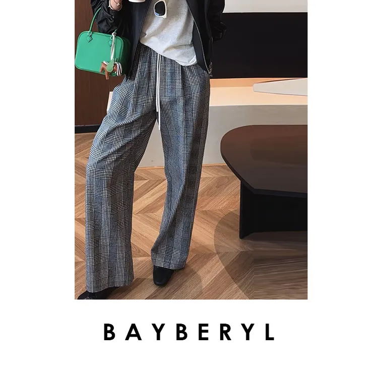 BAYBERYL老贝格子裤*松紧腰直筒宽松亚麻春休闲裤XXK5B1908