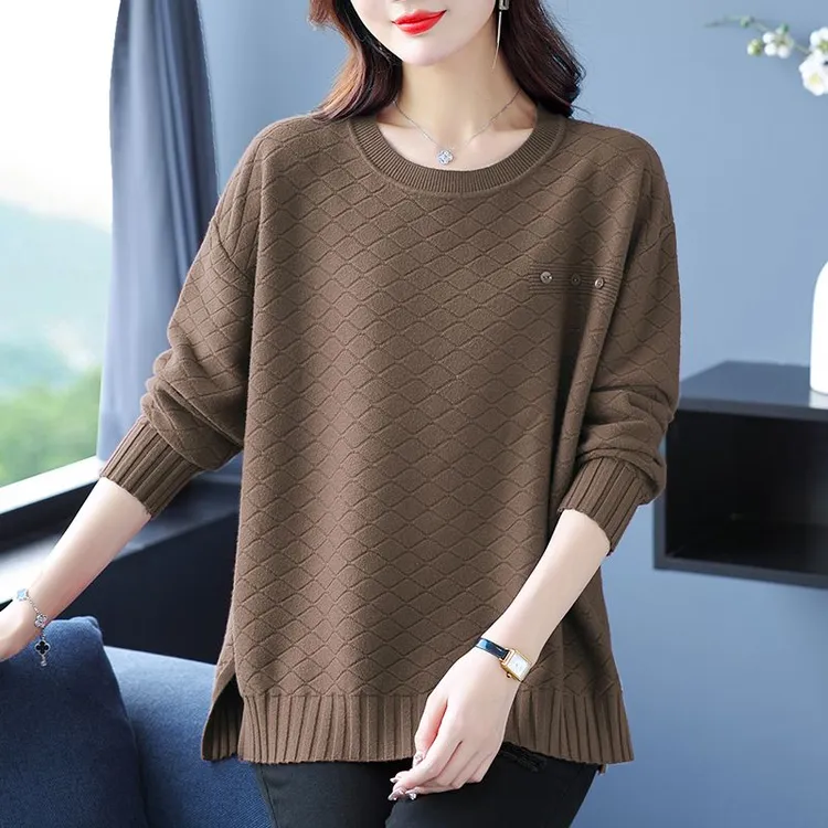 秋冬新款圆领毛衣女宽松直筒大码开叉百搭显瘦洋气上衣打底针织衫