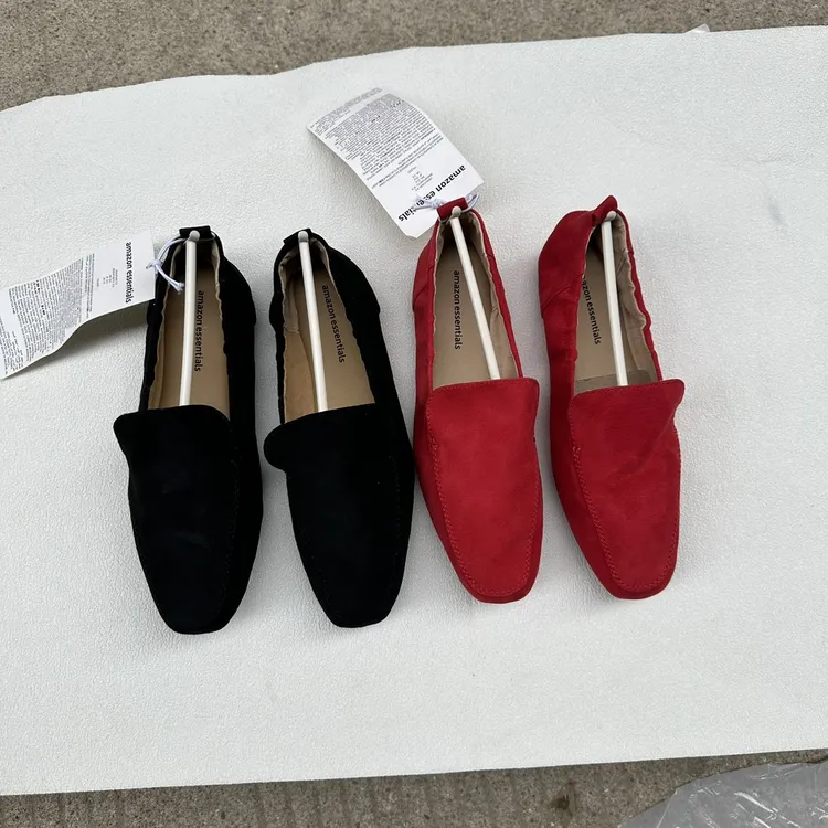 绒面软底美国原单大码豆豆鞋女～复古平底方头一脚蹬乐福鞋女