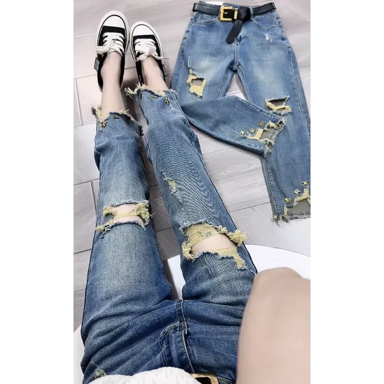 Aimeerosa/艾洛莎洋气百搭牛仔裤女夏季大码显瘦破洞八分烟管裤子